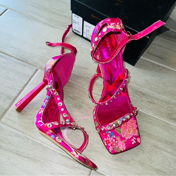 Azalea Wang Heels Hot Pink Brocade Embellished Embroidered Stiletto Heels 8.5 - Picture 9 of 11